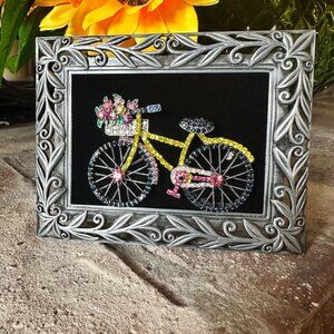 Framed Jewelry Springtime Rhinestone Bicycle and Flowers Brooch/Pin